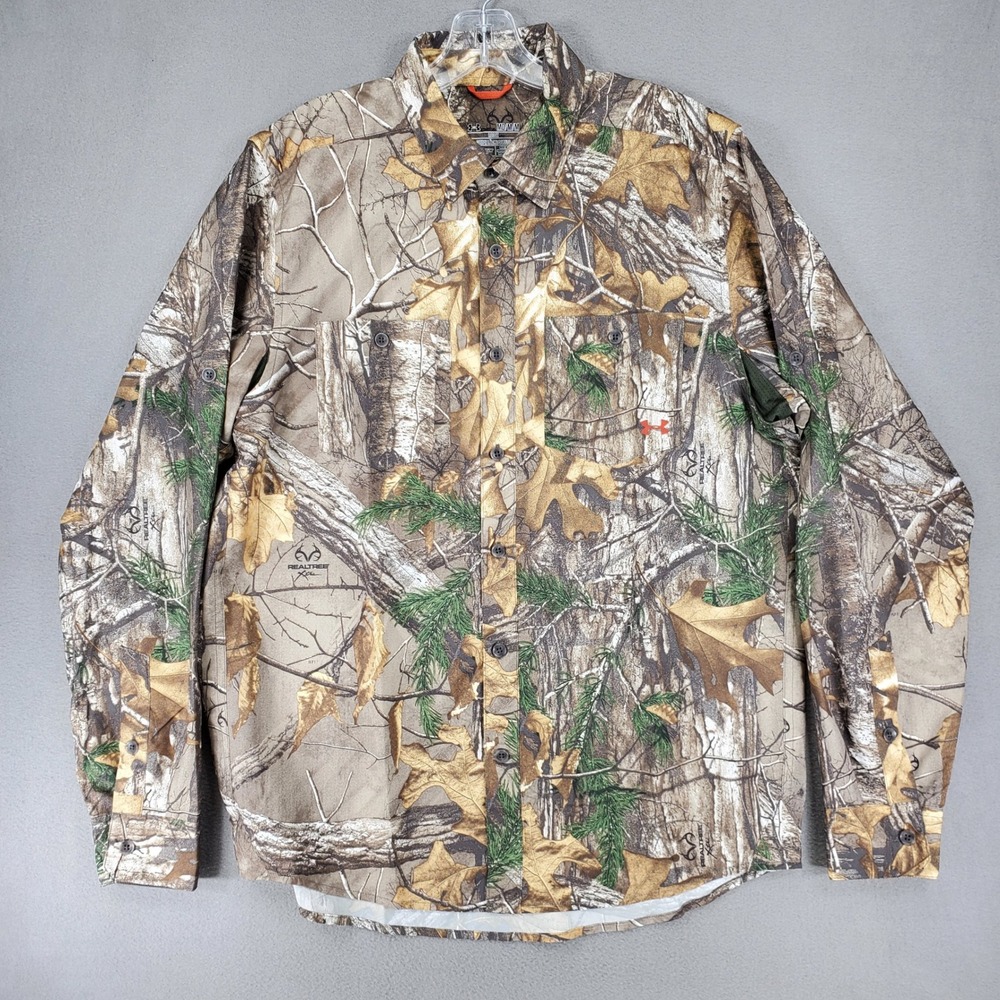 Under Armour Button Up Shirt Men M Brown Realtree Xtra Camo HeatGear Hunting NEW